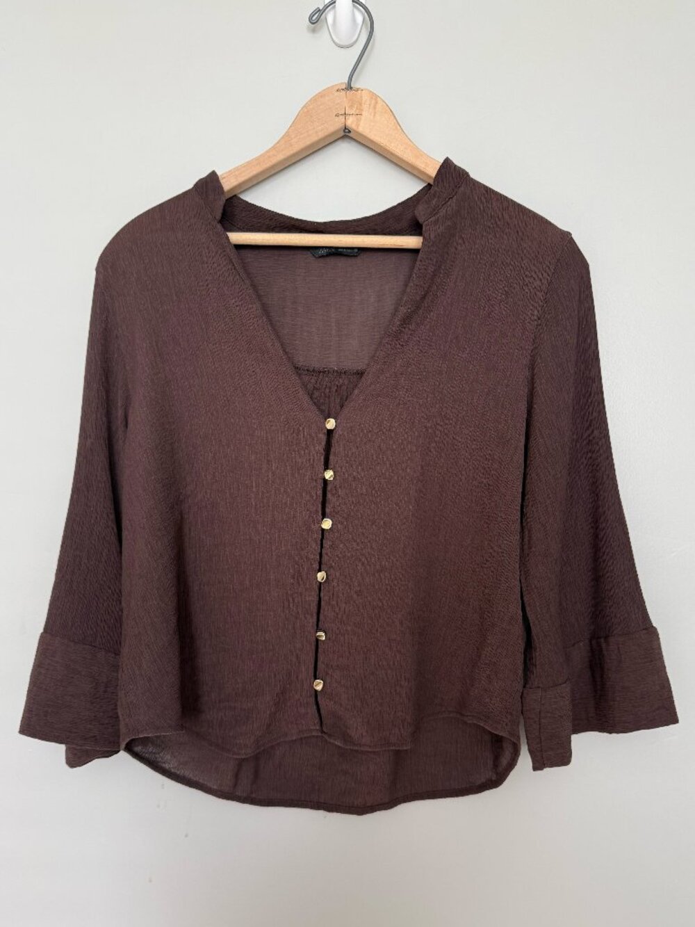 Zara Chocolate Brown Textured Crinkle V-Neck Bell Sleeve Boho Western Blouse XS